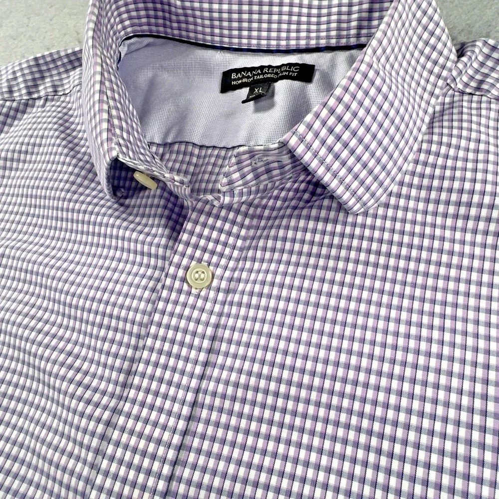 Banana Republic Mens XL Purple Check Non-Iron Tailored Slim Fit Dress Shirt LS